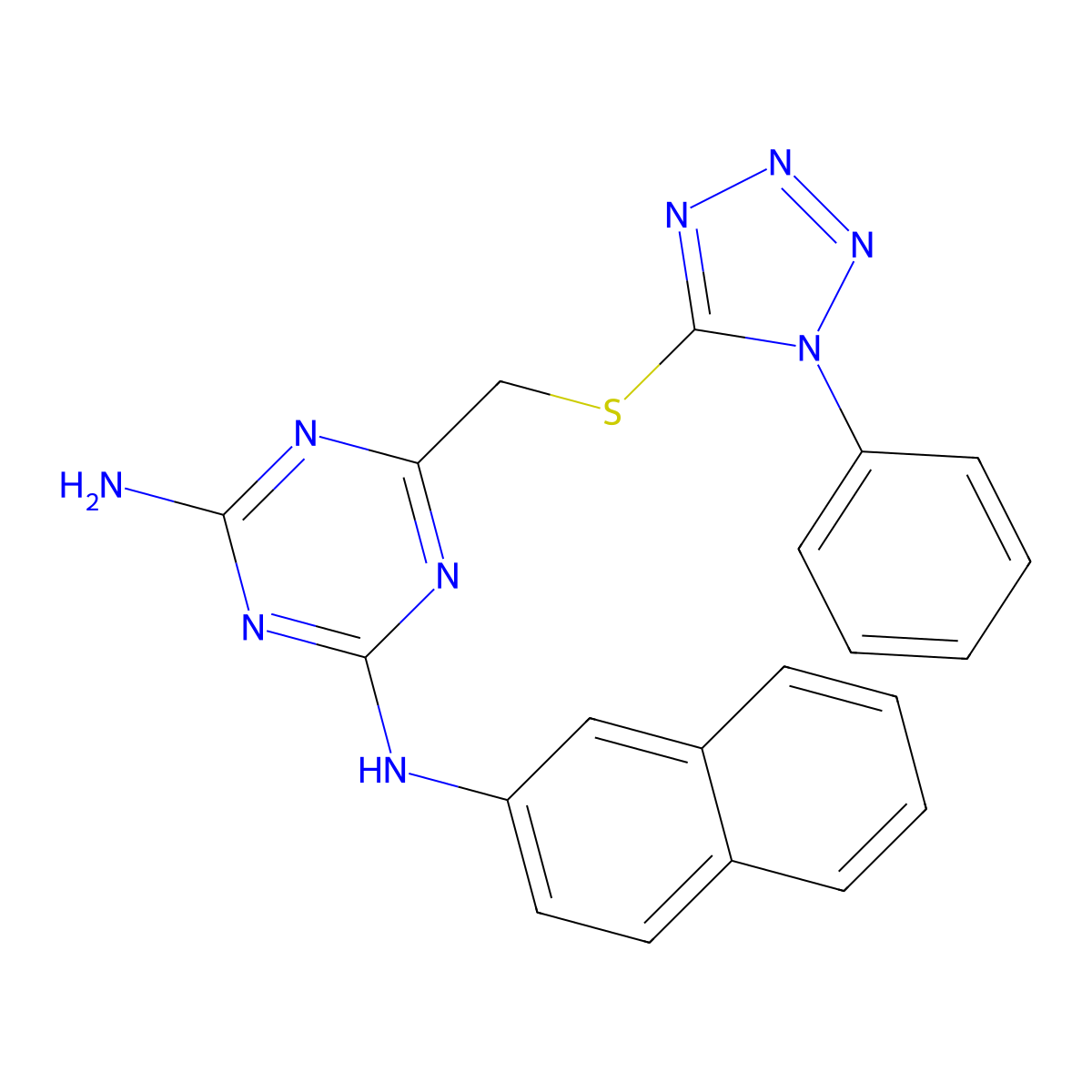 N-2-naphthalenyl-6-(((1-phenyl-1H-tetrazol-5-yl)sulfanyl)methyl)-1,3,5-triazine-2,4-diamine molecular structure, CAS 577986-32-4