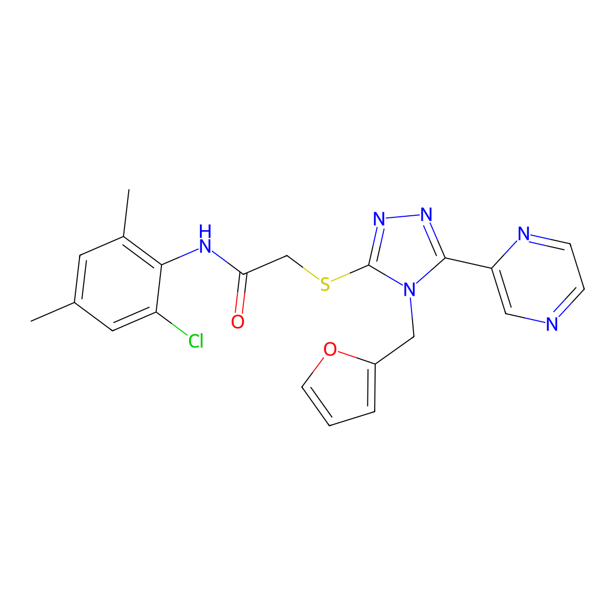 N-(2-chloro-4,6-dimethylphenyl)-2-{[4-(furan-2-ylmethyl)-5-(pyrazin-2-yl)-4H-1,2,4-triazol-3-yl]sulfanyl}acetamide molecular structure, CAS 577986-45-9