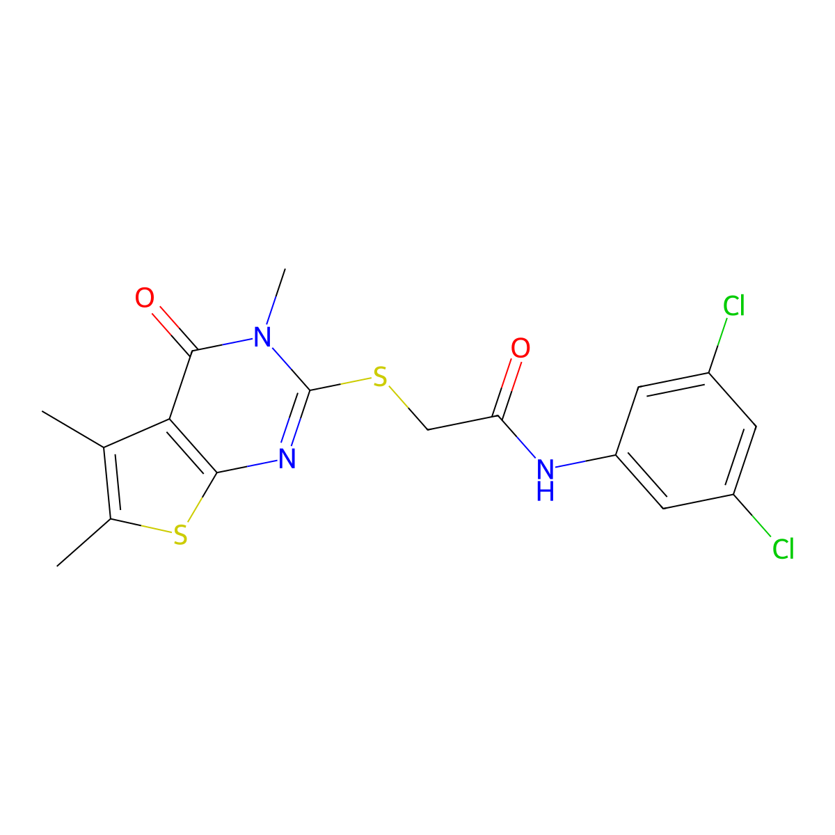 N-(3,5-dichlorophenyl)-2-(3,5,6-trimethyl-4-oxo(3-hydrothiopheno[2,3-d]pyrimid in-2-ylthio))acetamide molecular structure, CAS 577986-48-2