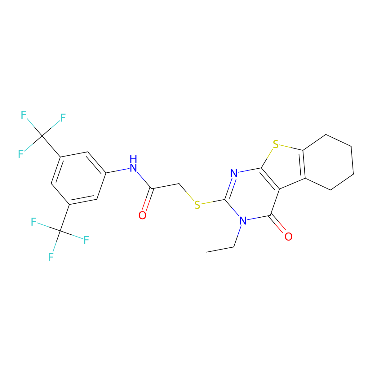 N-(3,5-Bis(trifluoromethyl)phenyl)-2-((3-ethyl-4-oxo-3,4,5,6,7,8-hexahydro(1)benzothieno(2,3-D)pyrimidin-2-YL)sulfanyl)acetamide molecular structure, CAS 577986-54-0
