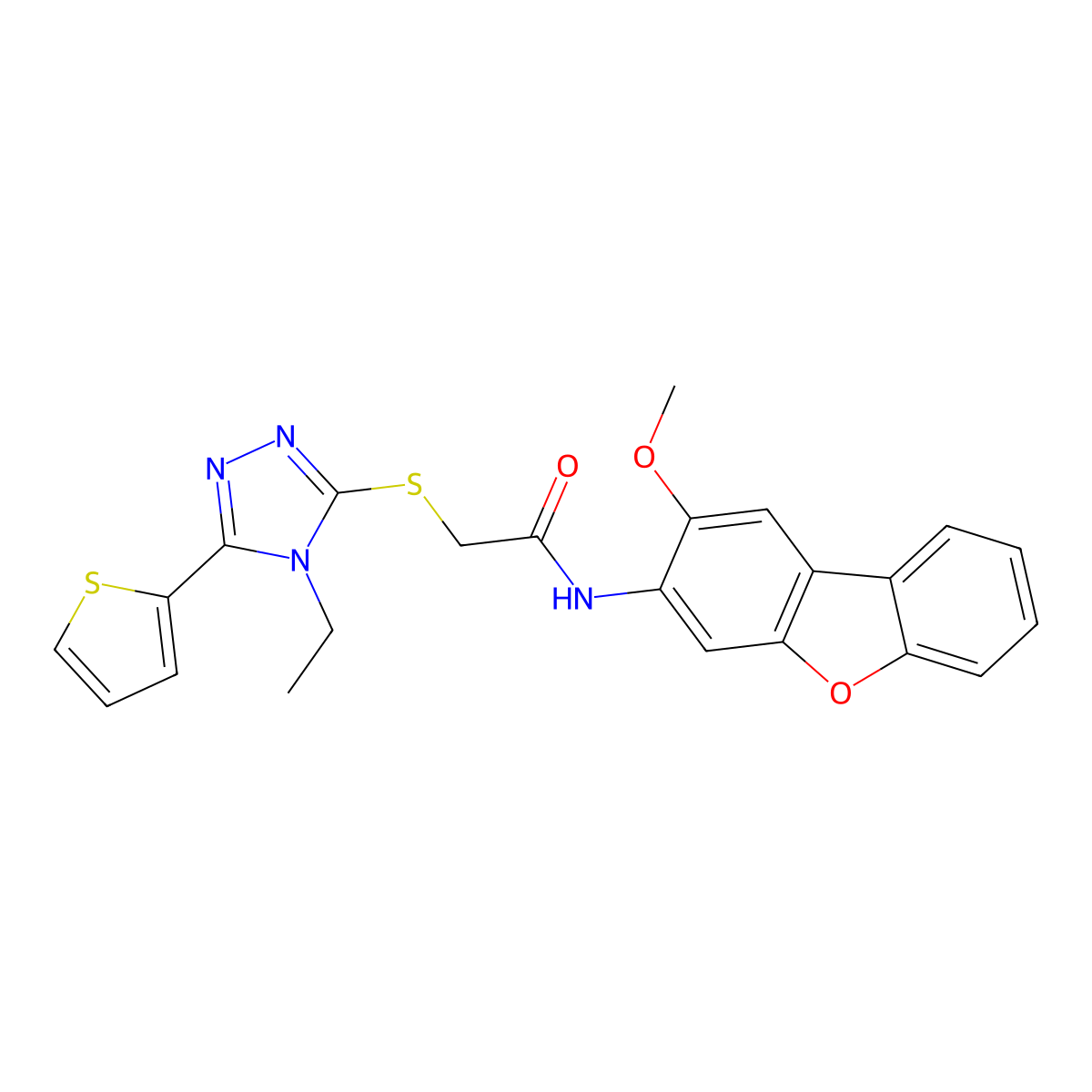 2-{[4-Ethyl-5-(2-thienyl)-4H-1,2,4-triazol-3-YL]sulfanyl}-N-(2-methoxydibenzo[B,D]furan-3-YL)acetamide molecular structure, CAS 577986-57-3