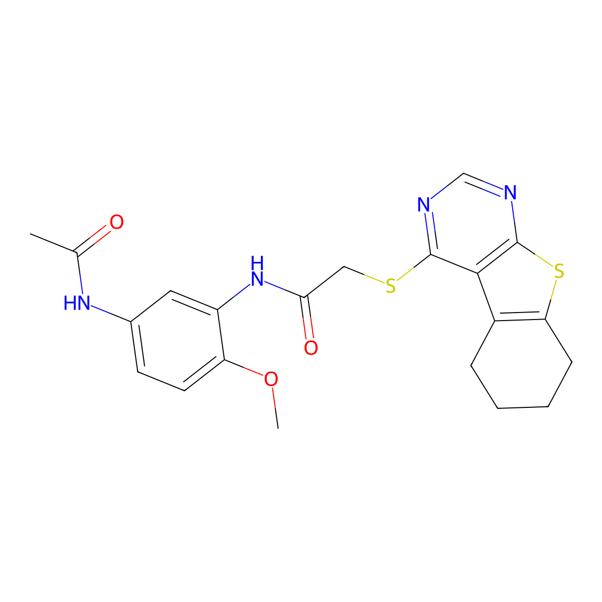 N-[5-(acetylamino)-2-methoxyphenyl]-2-(5,6,7,8-tetrahydro[1]benzothieno[2,3-d]pyrimidin-4-ylsulfanyl)acetamide molecular structure, CAS 577986-86-8