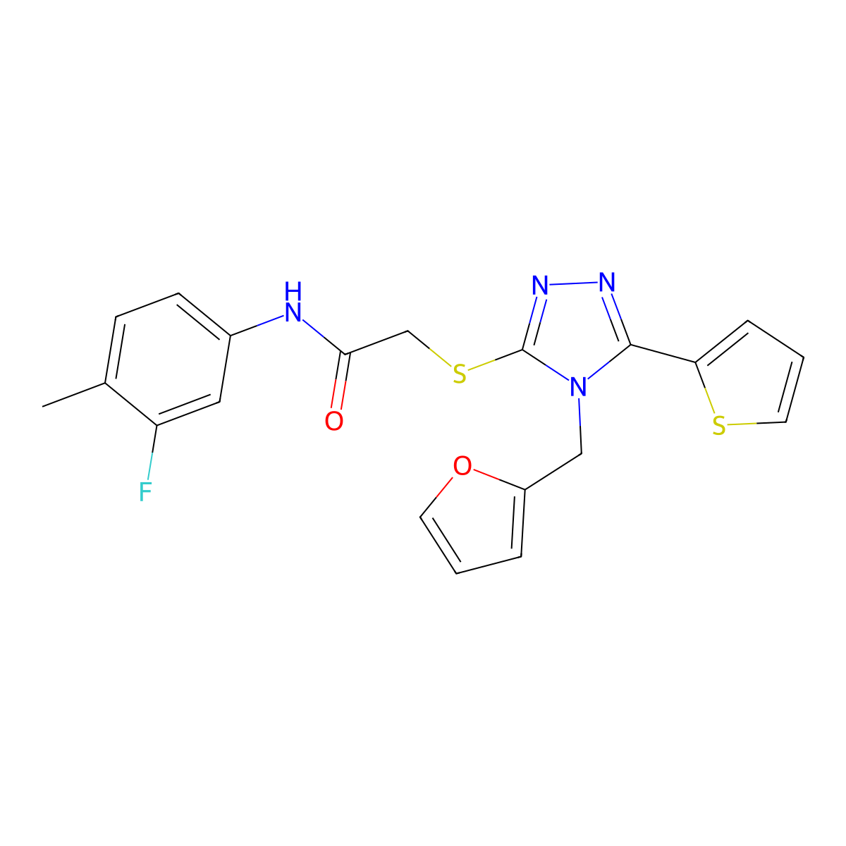 N-(3-fluoro-4-methylphenyl)-2-{[4-(furan-2-ylmethyl)-5-(thiophen-2-yl)-4H-1,2,4-triazol-3-yl]sulfanyl}acetamide molecular structure, CAS 577987-23-6