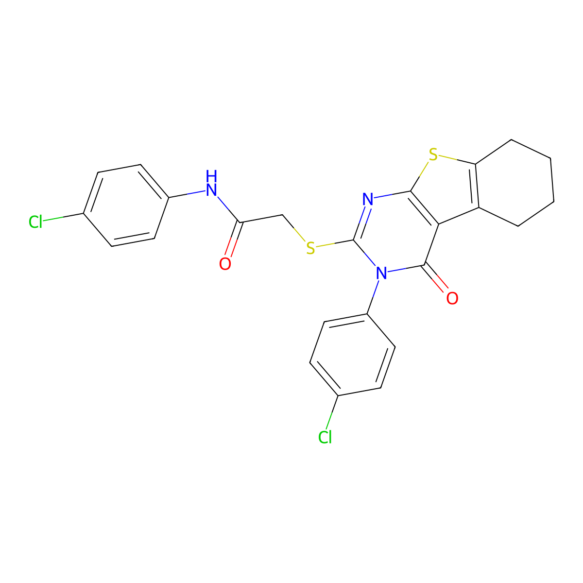N-(4-Chlorophenyl)-2-{[3-(4-chlorophenyl)-4-oxo-3,4,5,6,7,8-hexahydro[1]benzothieno[2,3-D]pyrimidin-2-YL]sulfanyl}acetamide molecular structure, CAS 577987-67-8