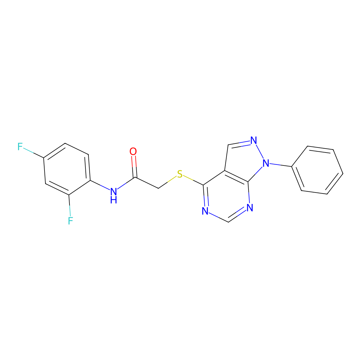 N-(2,4-difluorophenyl)-2-((1-phenyl-1H-pyrazolo[3,4-d]pyrimidin-4-yl)thio)acetamide molecular structure, CAS 577988-69-3