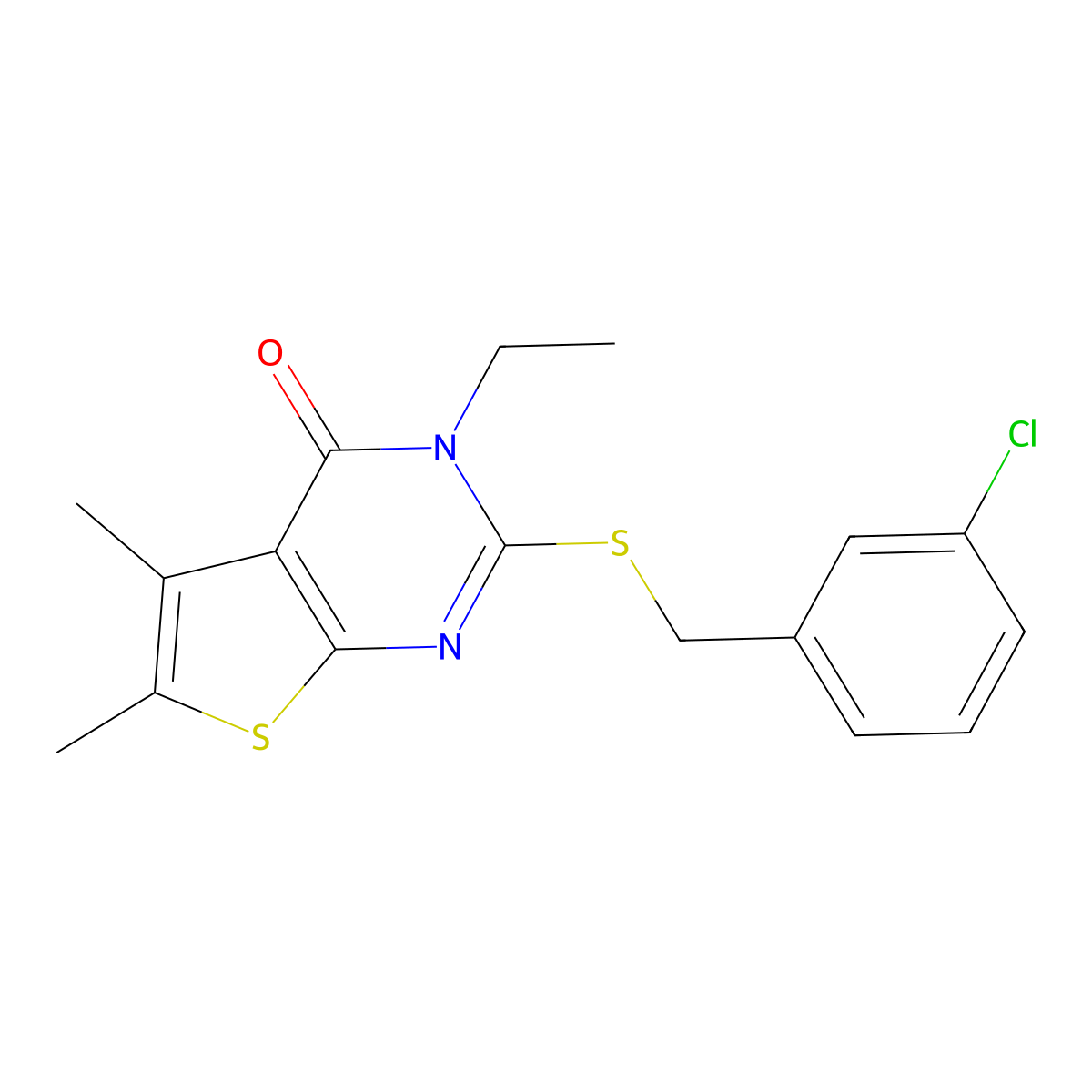 2-((3-Chlorobenzyl)thio)-3-ethyl-5,6-dimethylthieno(2,3-D)pyrimidin-4(3H)-one molecular structure, CAS 577988-96-6