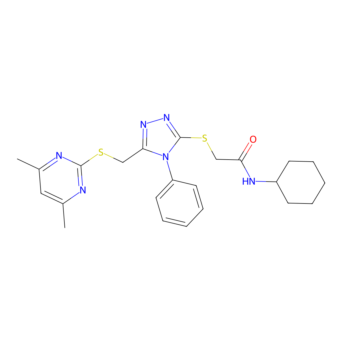 N-cyclohexyl-2-[(5-{[(4,6-dimethylpyrimidin-2-yl)sulfanyl]methyl}-4-phenyl-4H-1,2,4-triazol-3-yl)sulfanyl]acetamide molecular structure, CAS 577989-00-5