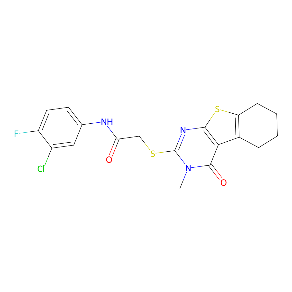 N-(3-chloro-4-fluorophenyl)-2-(3-methyl-4-oxo(3,5,6,7,8-pentahydrobenzo[b]thio pheno[2,3-d]pyrimidin-2-ylthio))acetamide molecular structure, CAS 577989-12-9