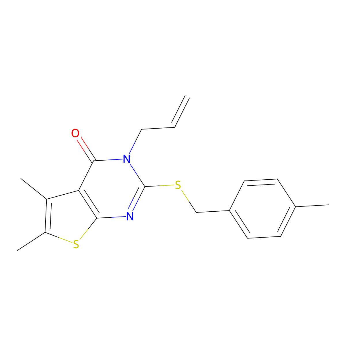 5,6-dimethyl-2-[(4-methylbenzyl)sulfanyl]-3-(prop-2-en-1-yl)thieno[2,3-d]pyrimidin-4(3H)-one molecular structure, CAS 577989-23-2
