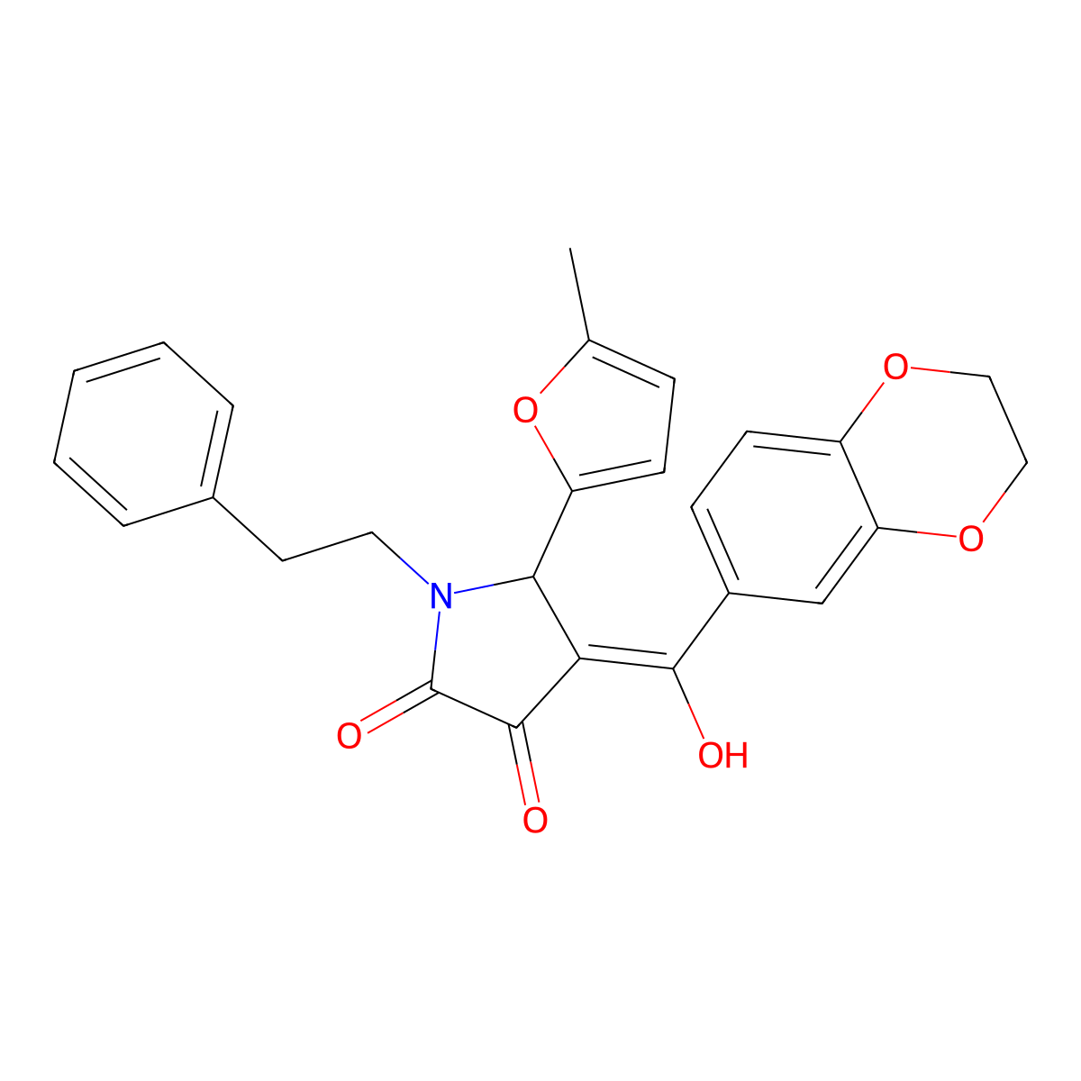 4-(2,3-dihydro-1,4-benzodioxine-6-carbonyl)-3-hydroxy-5-(5-methylfuran-2-yl)-1-(2-phenylethyl)-2,5-dihydro-1H-pyrrol-2-one molecular structure, CAS 577989-38-9