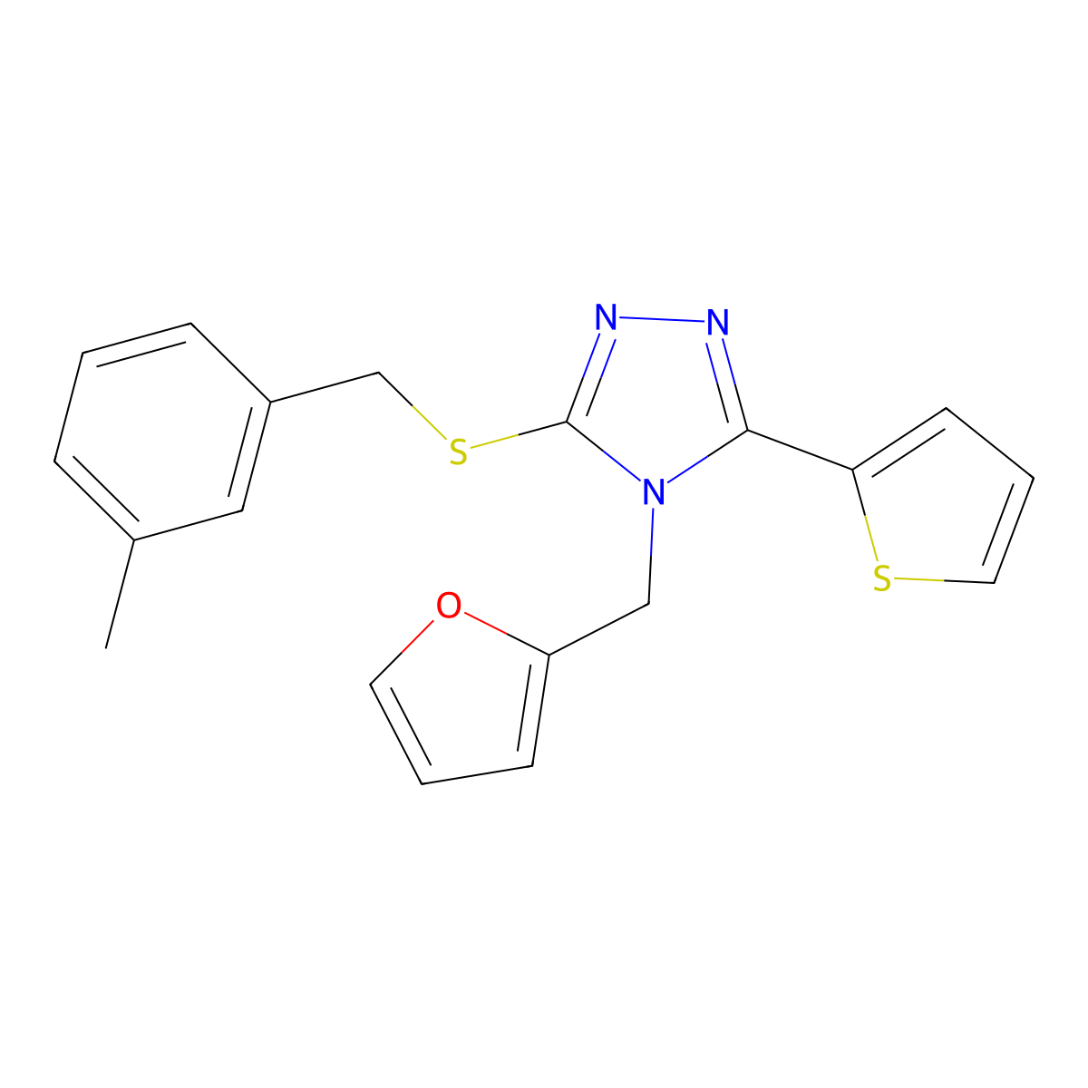 4-(2-Furylmethyl)-3-[(3-methylphenyl)methylthio]-5-(2-thienyl)-1,2,4-triazole molecular structure, CAS 577989-99-2