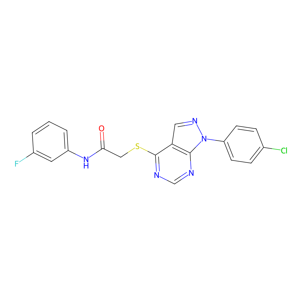 2-((1-(4-chlorophenyl)-1H-pyrazolo[3,4-d]pyrimidin-4-yl)thio)-N-(3-fluorophenyl)acetamide molecular structure, CAS 577990-32-0