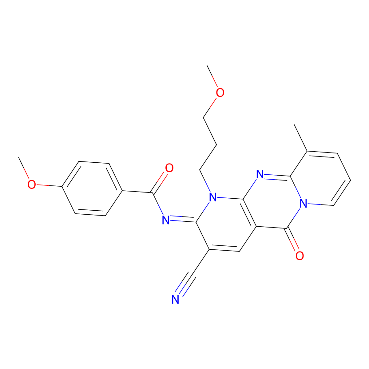 (E)-N-(3-cyano-1-(3-methoxypropyl)-10-methyl-5-oxo-1H-dipyrido[1,2-a:2',3'-d]pyrimidin-2(5H)-ylidene)-4-methoxybenzamide molecular structure, CAS 577996-46-4