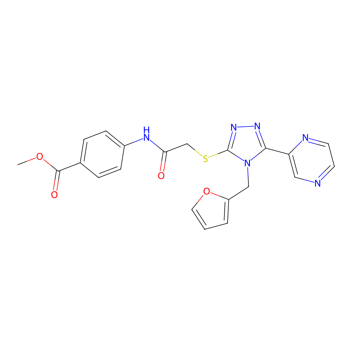methyl 4-[({[4-(furan-2-ylmethyl)-5-(pyrazin-2-yl)-4H-1,2,4-triazol-3-yl]sulfanyl}acetyl)amino]benzoate molecular structure, CAS 577996-61-3