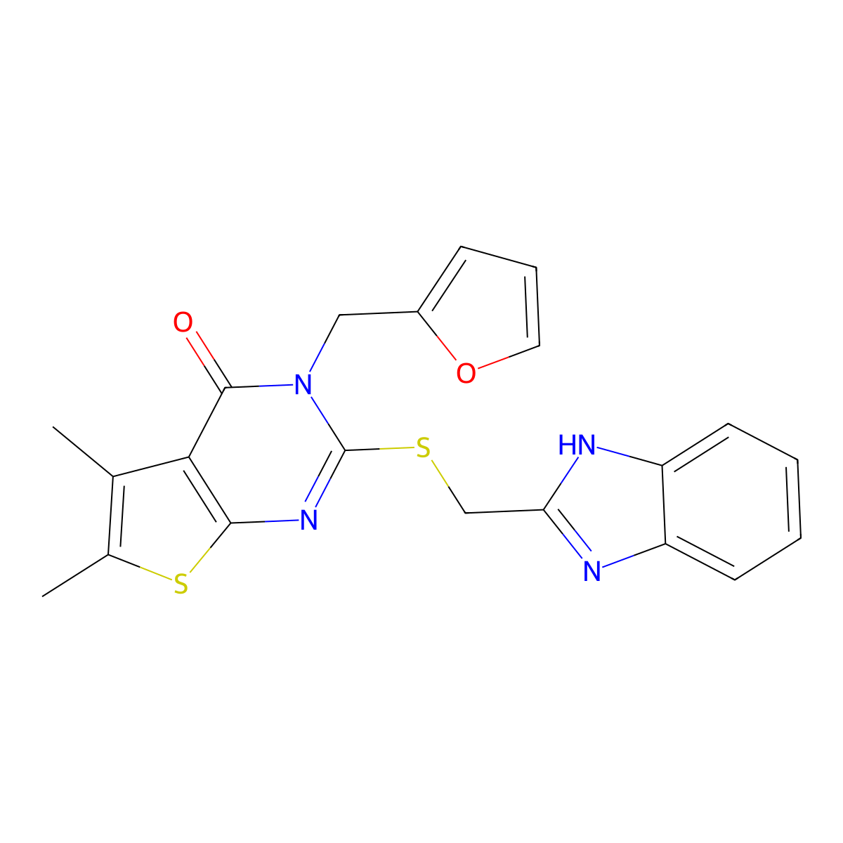 2-[(1H-benzimidazol-2-ylmethyl)sulfanyl]-3-(furan-2-ylmethyl)-5,6-dimethylthieno[2,3-d]pyrimidin-4(3H)-one molecular structure, CAS 577996-85-1