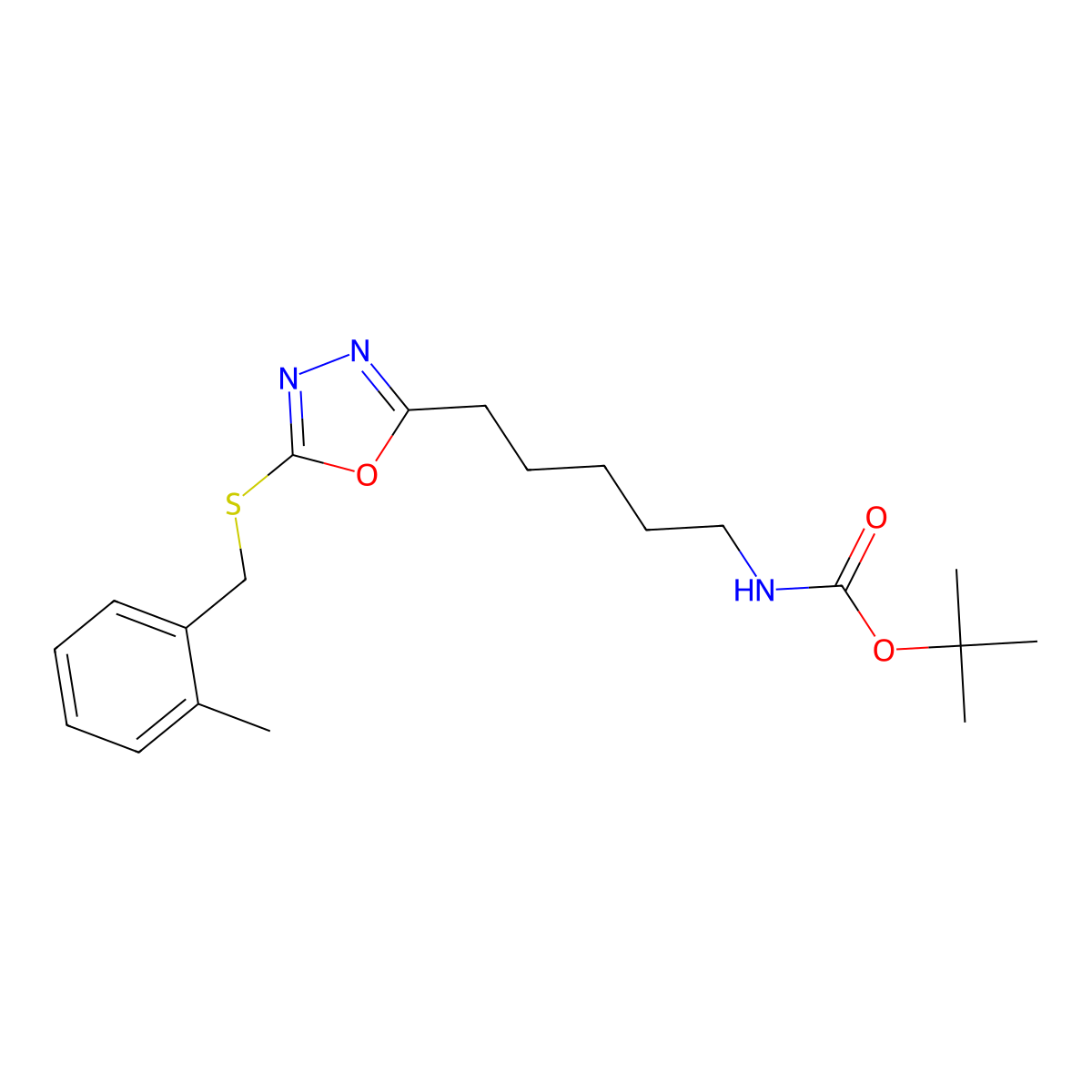 tert-butyl N-[5-[5-[(2-methylphenyl)methylsulfanyl]-1,3,4-oxadiazol-2-yl]pentyl]carbamate molecular structure, CAS 577997-02-5