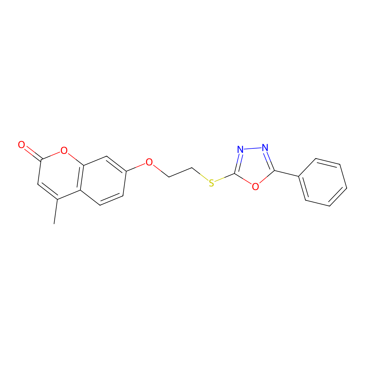 4-Methyl-7-[2-[(5-phenyl-1,3,4-oxadiazol-2-yl)sulfanyl]ethoxy]chromen-2-one molecular structure, CAS 577998-30-2