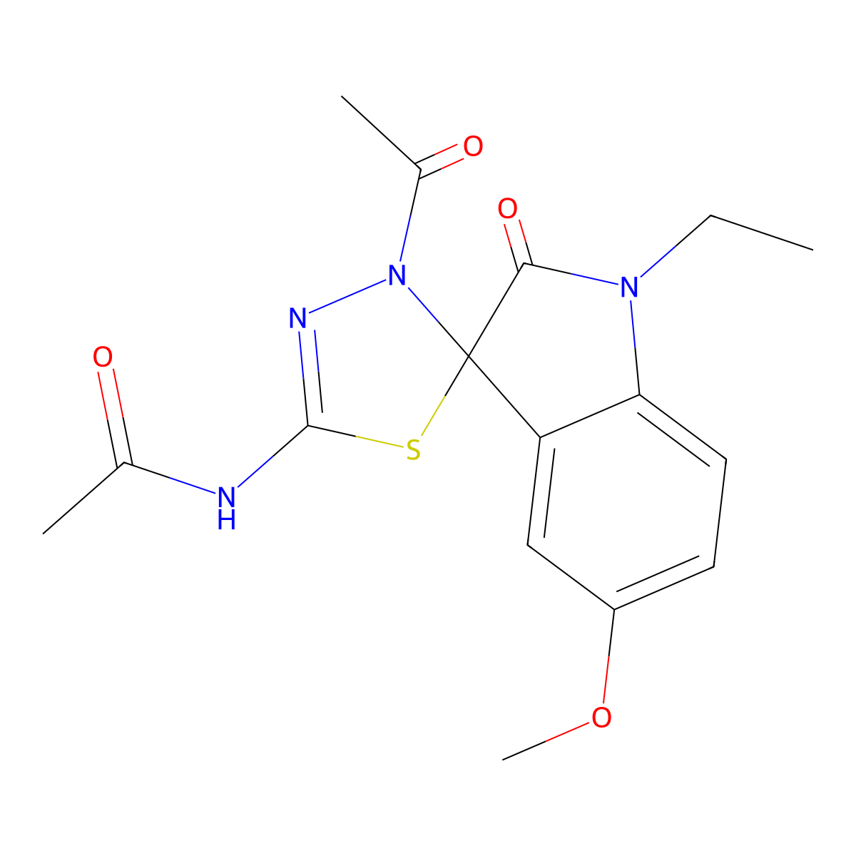 N-(4-acetyl-1'-ethyl-5'-methoxy-2'-oxospiro[1,3,4-thiadiazole-5,3'-indole]-2-yl)acetamide molecular structure, CAS 577998-82-4