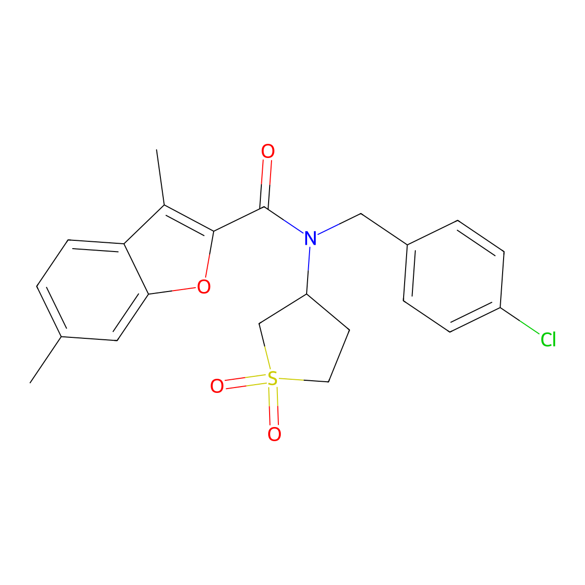 N-(4-chlorobenzyl)-N-(1,1-dioxidotetrahydrothiophen-3-yl)-3,6-dimethyl-1-benzofuran-2-carboxamide molecular structure, CAS 577998-85-7