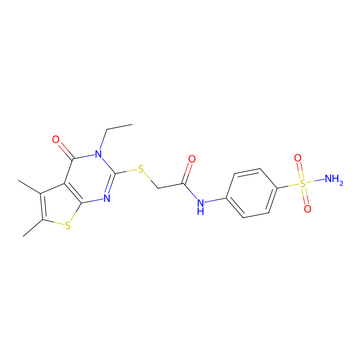 N-(4-(Aminosulfonyl)phenyl)-2-((3-ethyl-5,6-dimethyl-4-oxo-3,4-dihydrothieno(2,3-D)pyrimidin-2-YL)sulfanyl)acetamide molecular structure, CAS 577999-30-5