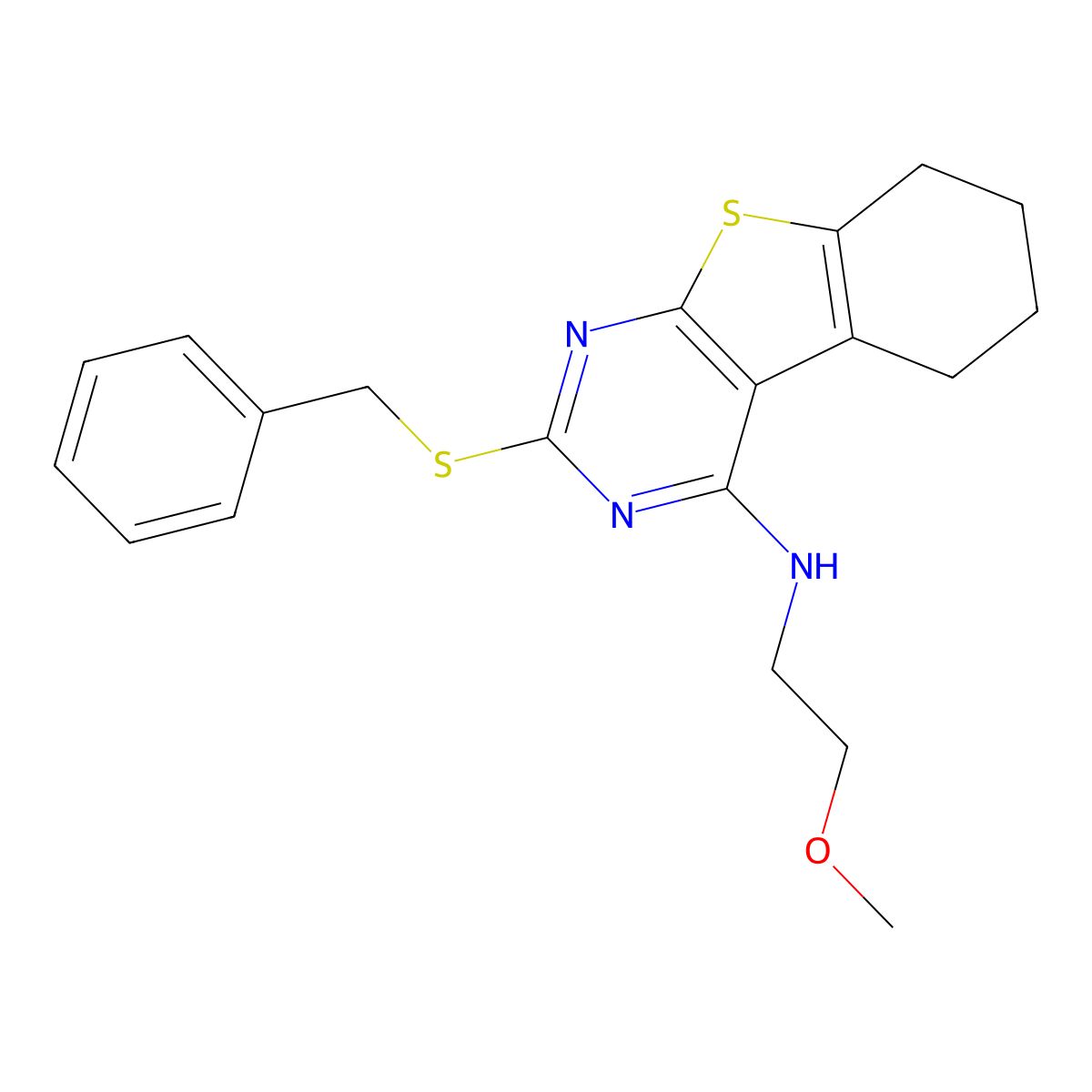 2-benzylsulfanyl-N-(2-methoxyethyl)-5,6,7,8-tetrahydro-[1]benzothiolo[2,3-d]pyrimidin-4-amine molecular structure, CAS 577999-44-1
