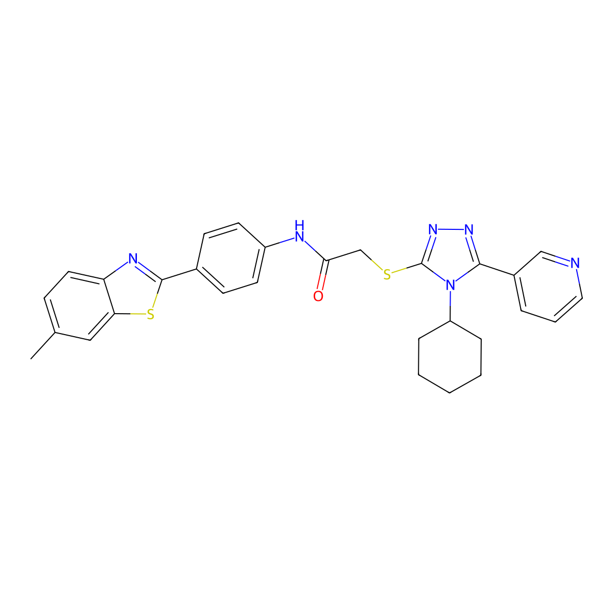 2-{[4-cyclohexyl-5-(pyridin-3-yl)-4H-1,2,4-triazol-3-yl]sulfanyl}-N-[4-(6-methyl-1,3-benzothiazol-2-yl)phenyl]acetamide molecular structure, CAS 577999-78-1