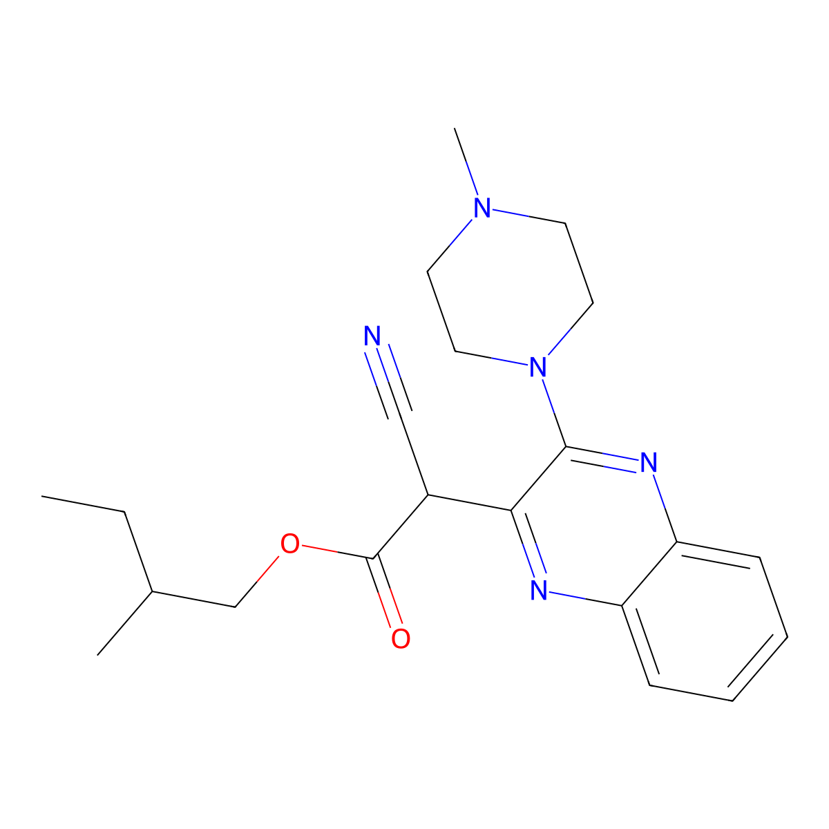 2-Methylbutyl 2-cyano-2-(3-(4-methylpiperazin-1-yl)quinoxalin-2-yl)acetate molecular structure, CAS 578000-11-0