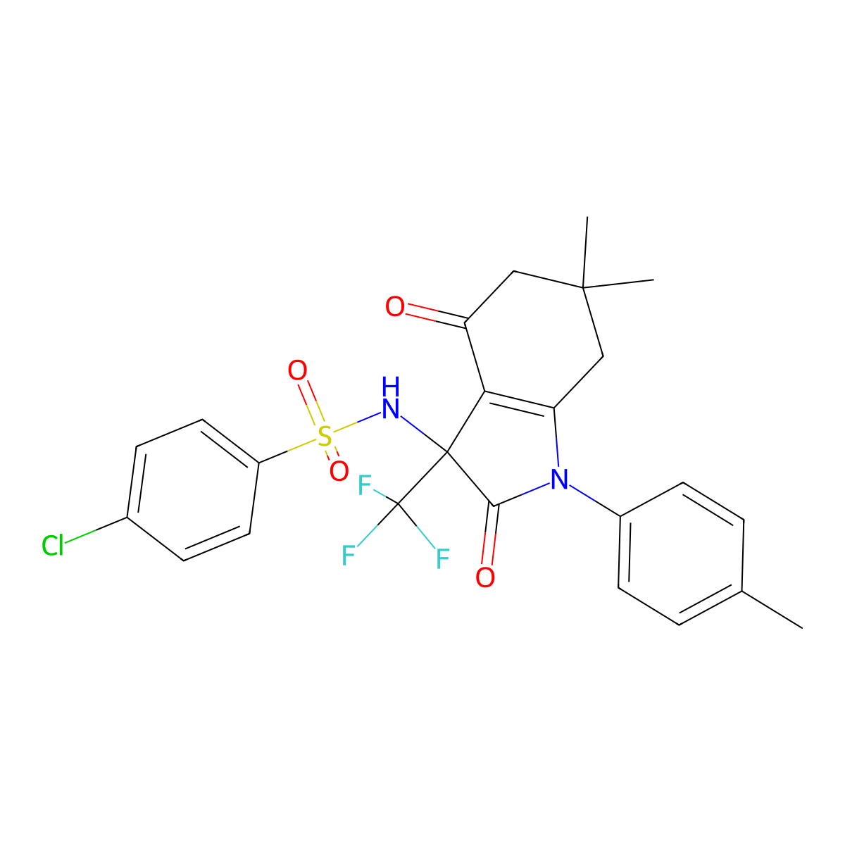 4-chloro-N-[6,6-dimethyl-1-(4-methylphenyl)-2,4-dioxo-3-(trifluoromethyl)-5,7-dihydroindol-3-yl]benzenesulfonamide molecular structure, CAS 578000-85-8