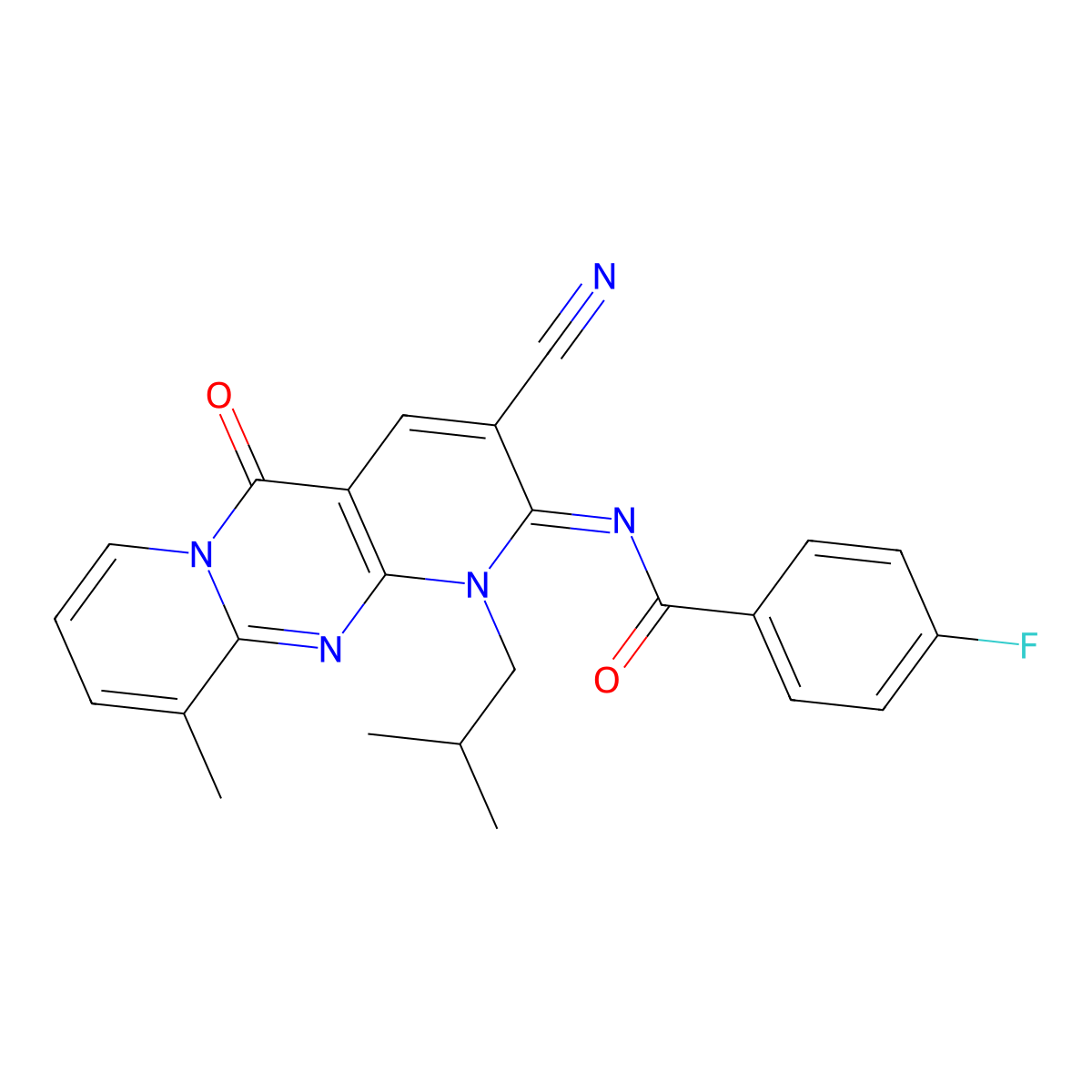 N-(3-cyano-1-isobutyl-10-methyl-5-oxo-1,5-dihydro-2H-dipyrido[1,2-a:2,3-d]pyrimidin-2-ylidene)-4-fluorobenzamide molecular structure, CAS 578002-66-1