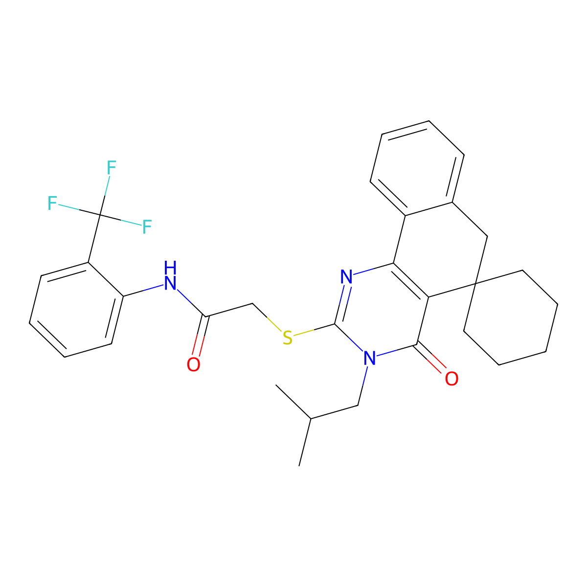 2-[3-(2-methylpropyl)-4-oxospiro[6H-benzo[h]quinazoline-5,1'-cyclohexane]-2-yl]sulfanyl-N-[2-(trifluoromethyl)phenyl]acetamide molecular structure, CAS 578004-25-8
