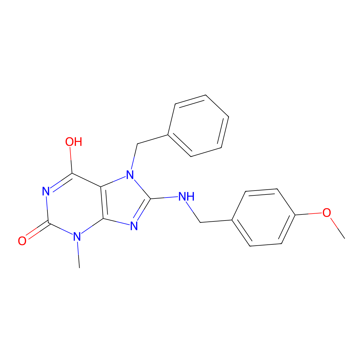 7-benzyl-8-((4-methoxybenzyl)amino)-3-methyl-1H-purine-2,6(3H,7H)-dione molecular structure, CAS 578004-38-3
