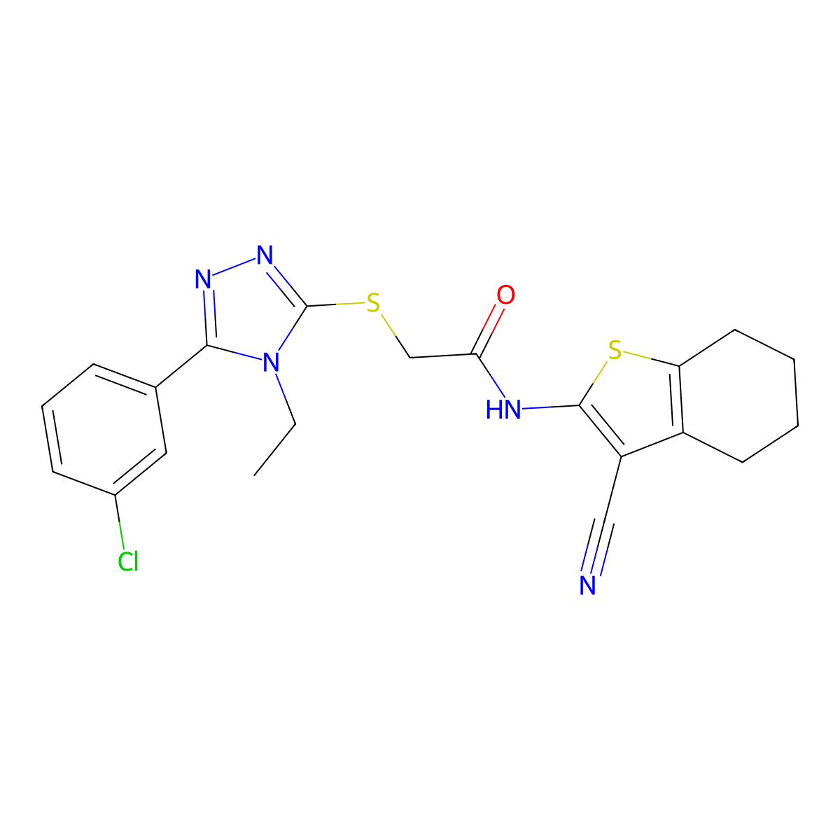 2-[[5-(3-chlorophenyl)-4-ethyl-1,2,4-triazol-3-yl]sulfanyl]-N-(3-cyano-4,5,6,7-tetrahydro-1-benzothiophen-2-yl)acetamide molecular structure, CAS 578005-35-3