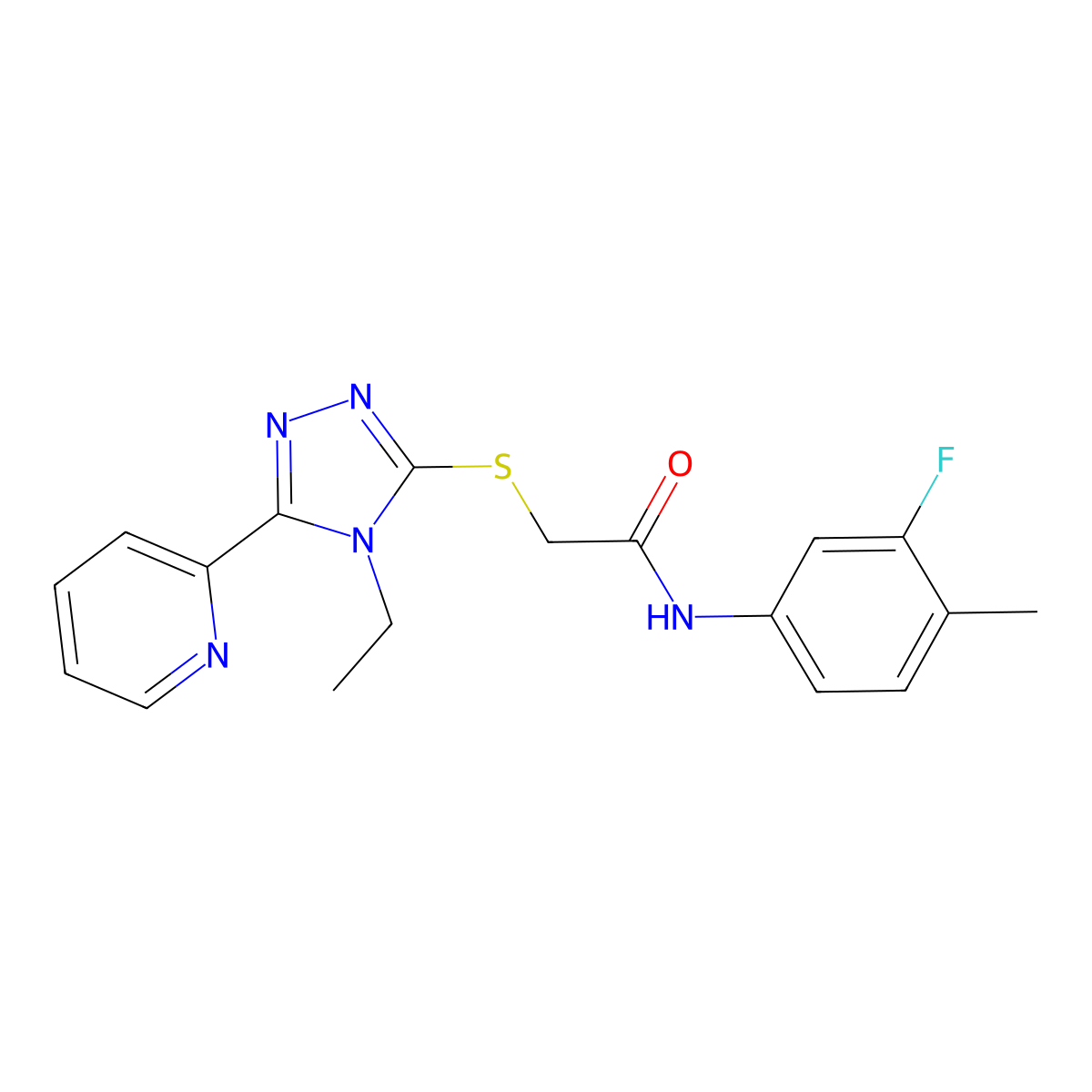 2-((4-Ethyl-5-(2-pyridinyl)-4H-1,2,4-triazol-3-YL)sulfanyl)-N-(3-fluoro-4-methylphenyl)acetamide molecular structure, CAS 578005-94-4