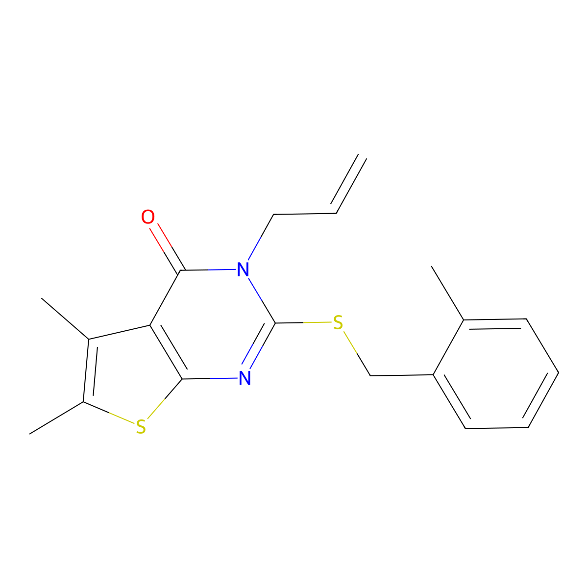 5,6-dimethyl-2-[(2-methylbenzyl)sulfanyl]-3-(prop-2-en-1-yl)thieno[2,3-d]pyrimidin-4(3H)-one molecular structure, CAS 578005-96-6