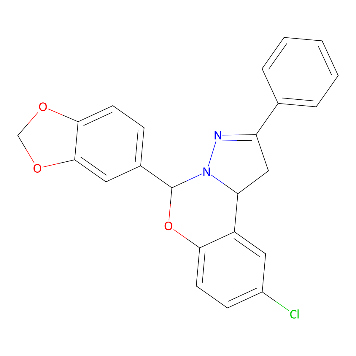 5-(1,3-benzodioxol-5-yl)-9-chloro-2-phenyl-5,10b-dihydro-1H-pyrazolo[1,5-c][1,3]benzoxazine molecular structure, CAS 5781-46-4