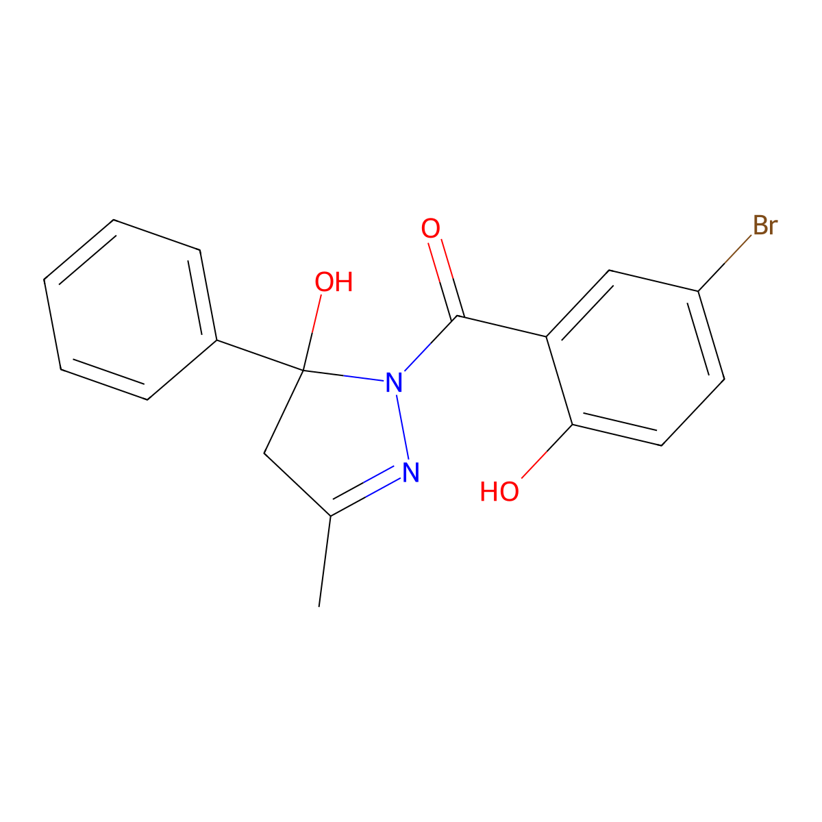 (5-bromo-2-hydroxyphenyl)(5-hydroxy-3-methyl-5-phenyl-4,5-dihydro-1H-pyrazol-1-yl)methanone molecular structure, CAS 5785-74-0