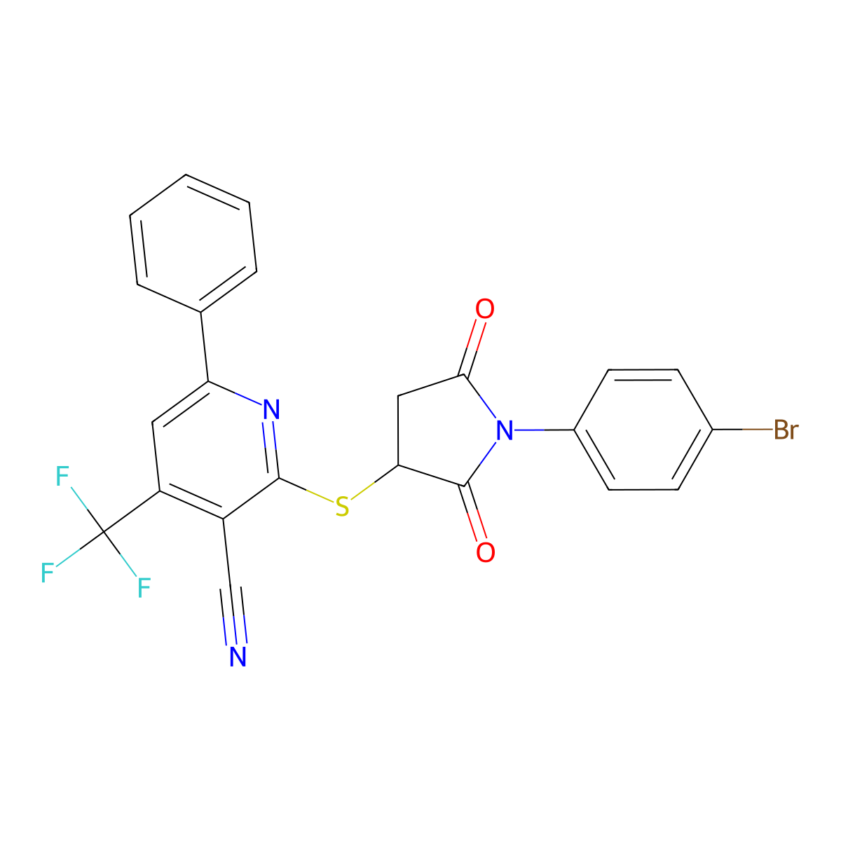 2-{[1-(4-Bromophenyl)-2,5-dioxopyrrolidin-3-yl]sulfanyl}-6-phenyl-4-(trifluoromethyl)pyridine-3-carbonitrile molecular structure, CAS 5786-22-1