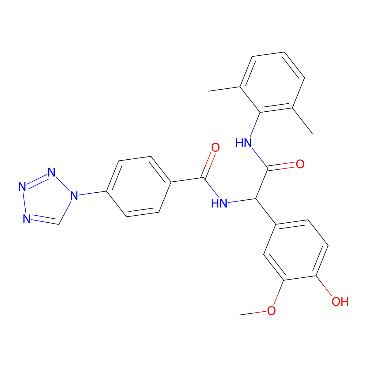 N-[2-(2,6-Dimethylanilino)-1-(4-hydroxy-3-methoxyphenyl)-2-oxoethyl]-4-(1H-tetrazol-1-yl)benzamide molecular structure, CAS 5786-98-1