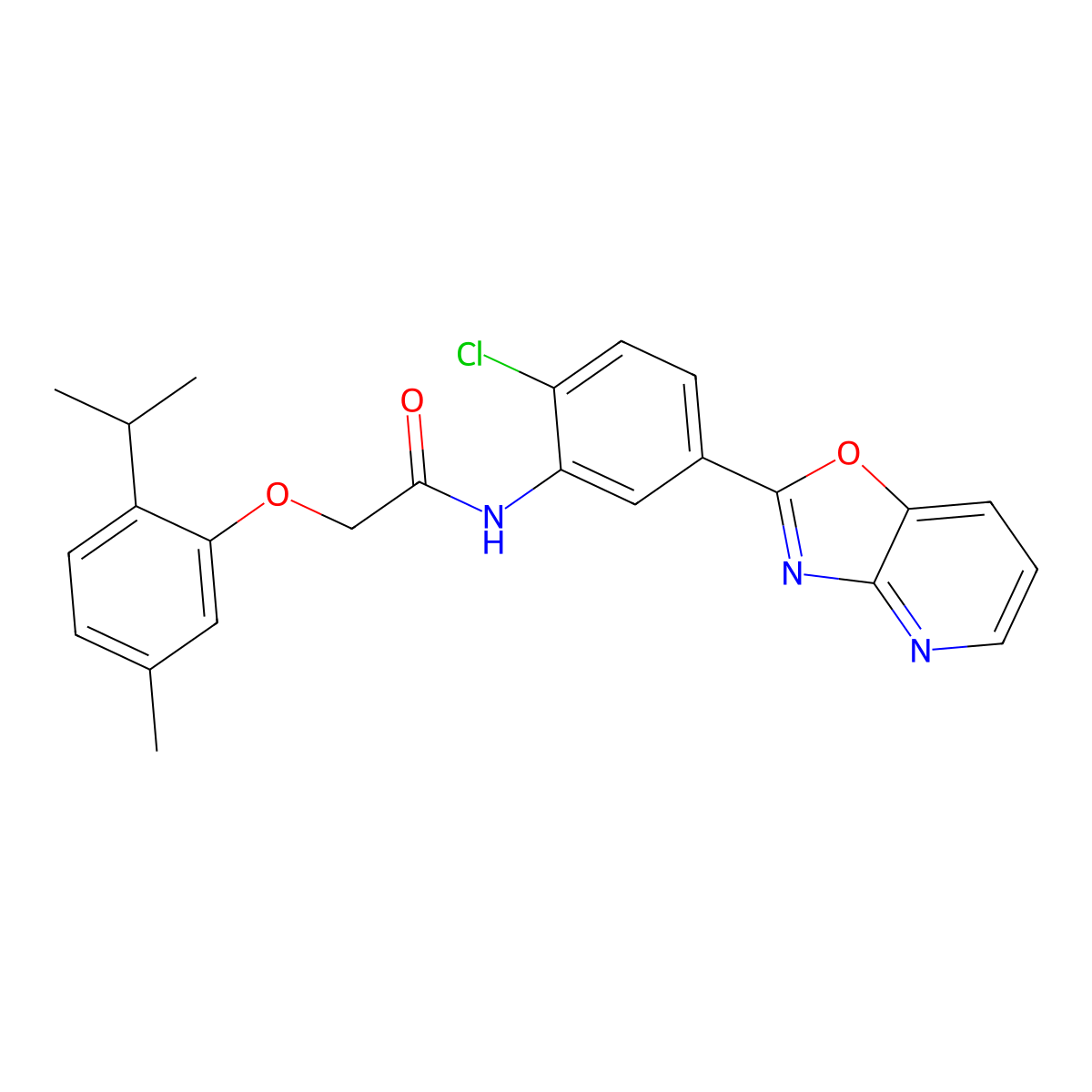 N-[2-chloro-5-([1,3]oxazolo[4,5-b]pyridin-2-yl)phenyl]-2-(5-methyl-2-propan-2-ylphenoxy)acetamide molecular structure, CAS 578697-35-5