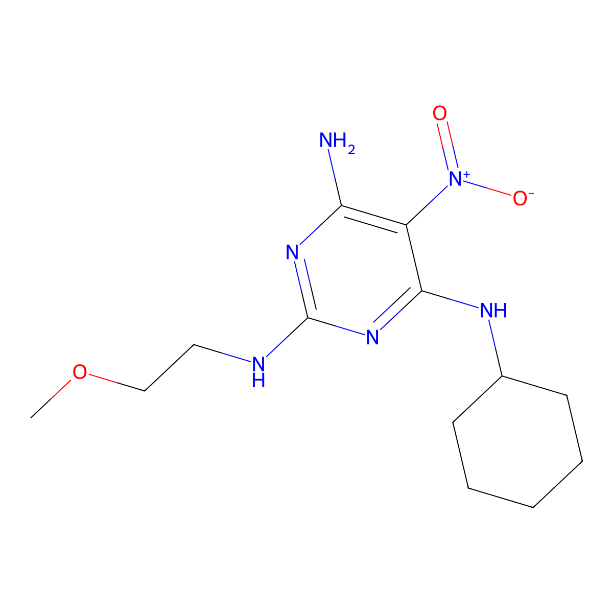 4-N-cyclohexyl-2-N-(2-methoxyethyl)-5-nitropyrimidine-2,4,6-triamine molecular structure, CAS 578698-00-7