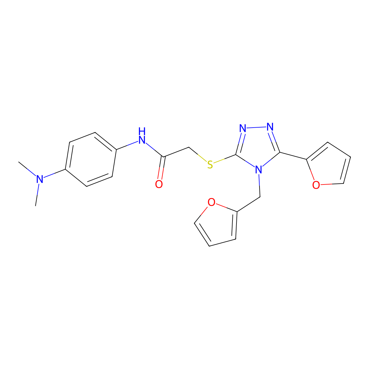 N-[4-(dimethylamino)phenyl]-2-{[5-(furan-2-yl)-4-(furan-2-ylmethyl)-4H-1,2,4-triazol-3-yl]sulfanyl}acetamide molecular structure, CAS 578698-24-5