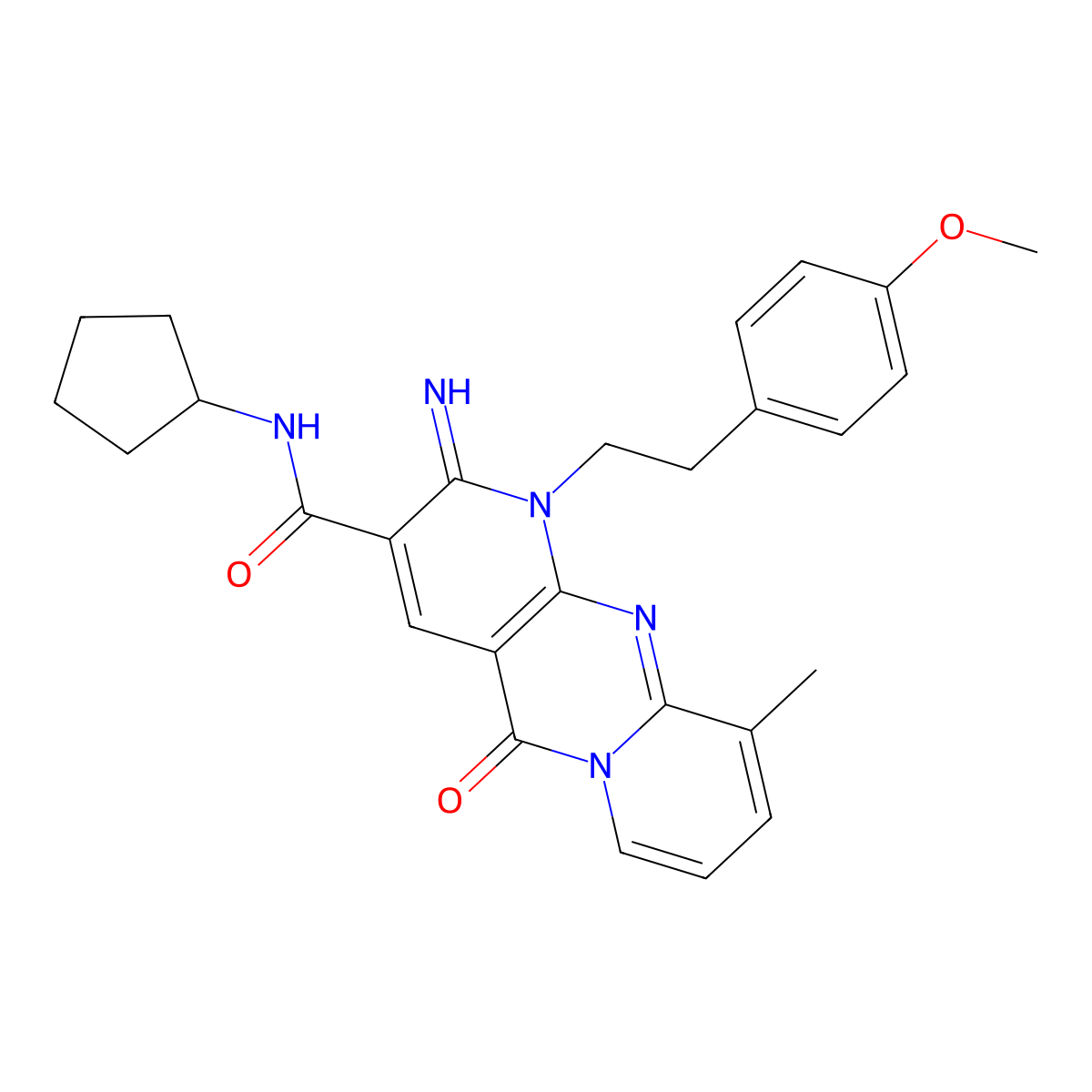 N~3~-cyclopentyl-2-imino-1-(4-methoxyphenethyl)-10-methyl-5-oxo-1,5-dihydro-2H-dipyrido[1,2-a:2,3-d]pyrimidine-3-carboxamide molecular structure, CAS 578698-50-7