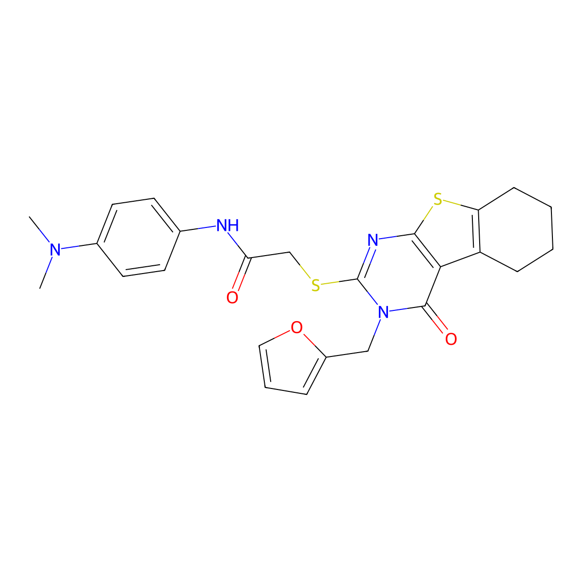 N-[4-(dimethylamino)phenyl]-2-{[3-(furan-2-ylmethyl)-4-oxo-3,4,5,6,7,8-hexahydro[1]benzothieno[2,3-d]pyrimidin-2-yl]sulfanyl}acetamide molecular structure, CAS 578698-99-4