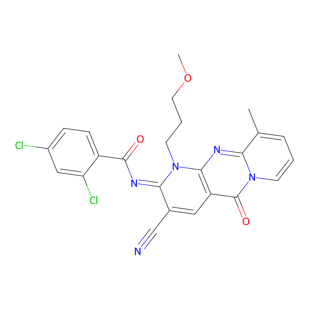 (E)-2,4-dichloro-N-(3-cyano-1-(3-methoxypropyl)-10-methyl-5-oxo-1H-dipyrido[1,2-a:2',3'-d]pyrimidin-2(5H)-ylidene)benzamide molecular structure, CAS 578699-62-4