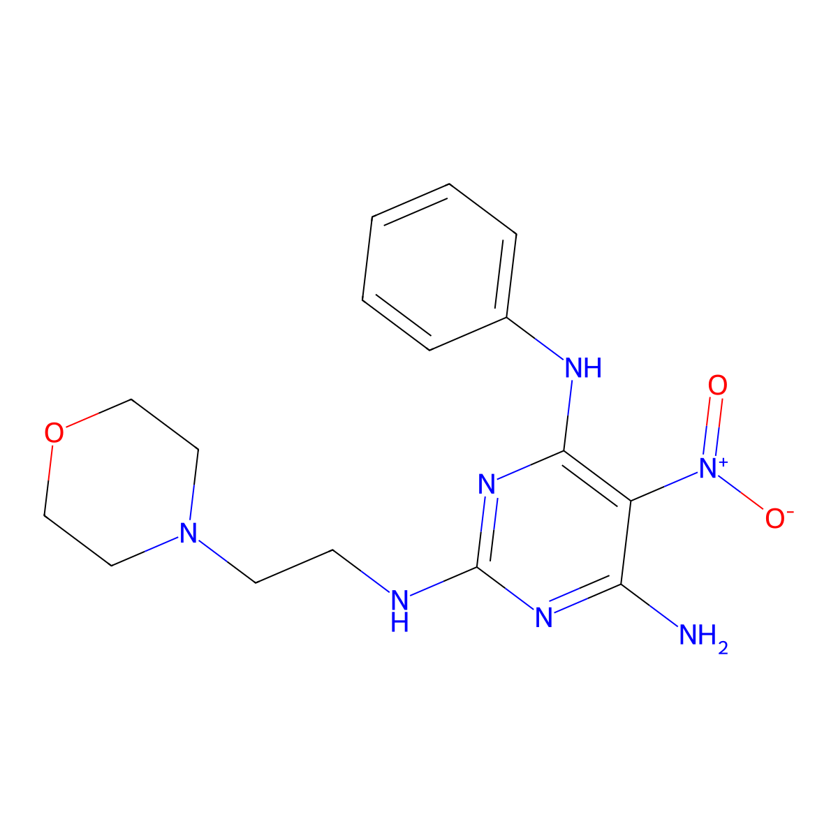 {6-Amino-2-[(2-morpholin-4-ylethyl)amino]-5-nitropyrimidin-4-yl}phenylamine molecular structure, CAS 578699-75-9