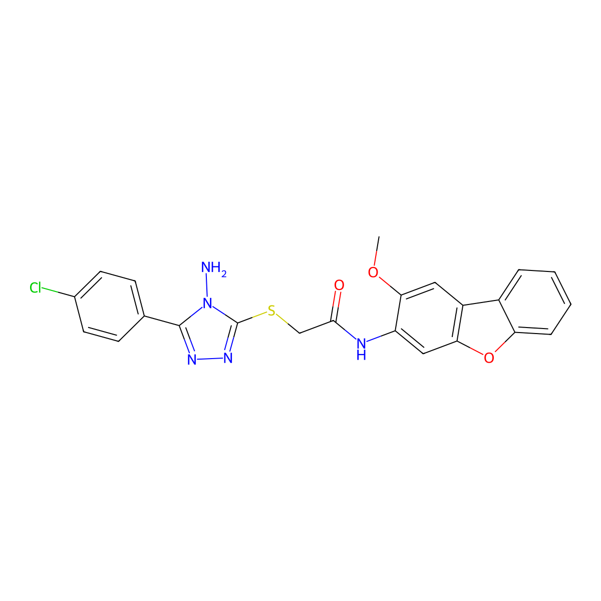 acetamide,2-[[4-amino-5-(4-chlorophenyl)-4H-1,2,4-triazol-3-yl]thio]-N-(2-methoxy-3-dibenzofuranyl)- molecular structure, CAS 578699-92-0