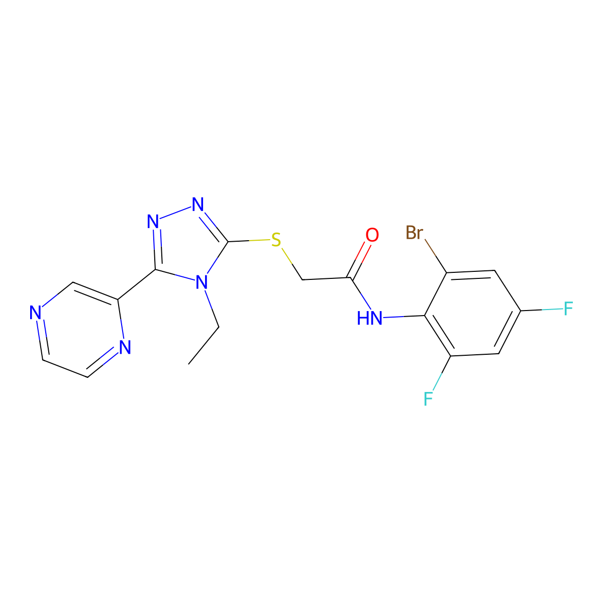 N-(2-Bromo-4,6-difluorophenyl)-2-((4-ethyl-5-(2-pyrazinyl)-4H-1,2,4-triazol-3-YL)sulfanyl)acetamide molecular structure, CAS 578699-95-3