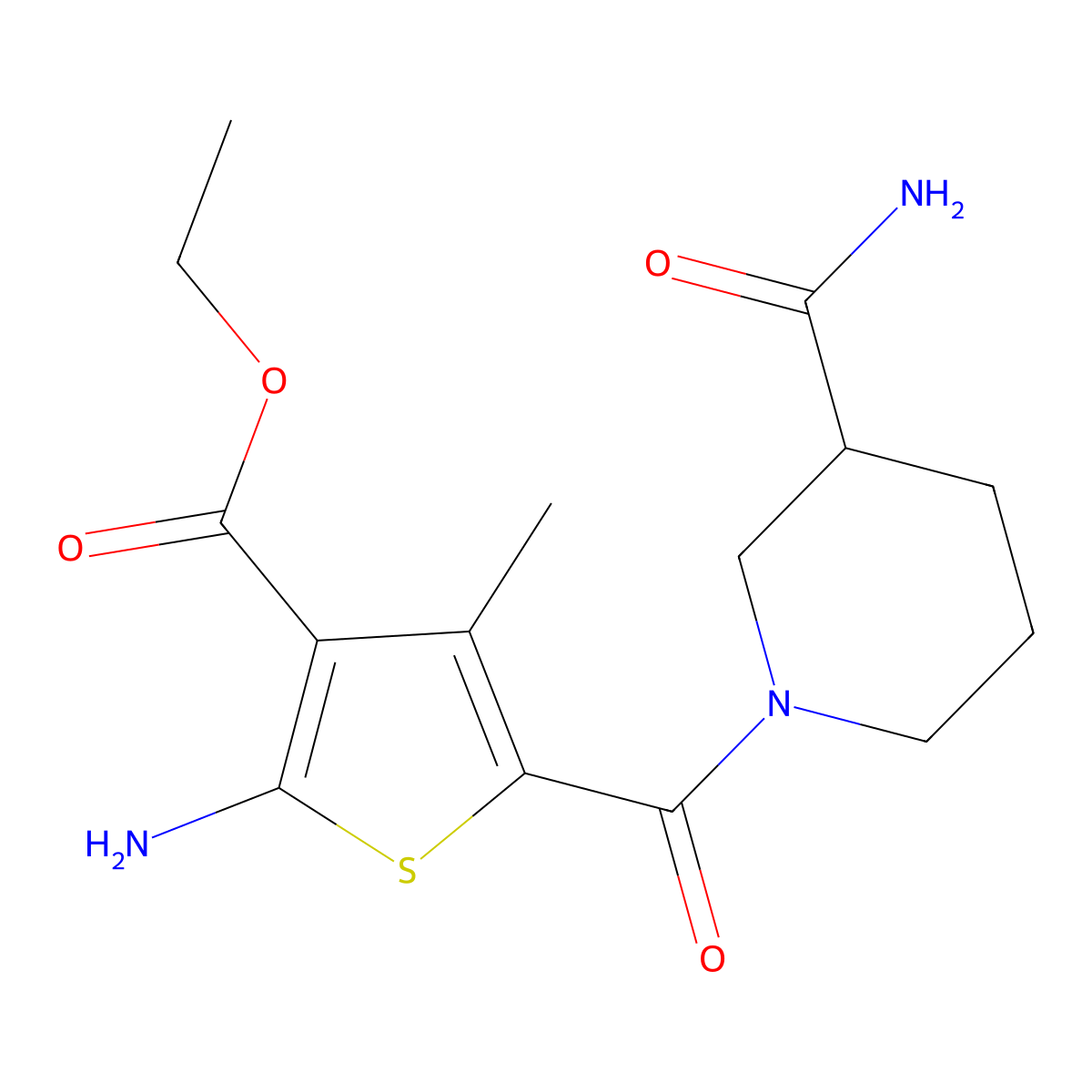 Ethyl 2-amino-5-(3-carbamoylpiperidine-1-carbonyl)-4-methylthiophene-3-carboxylate molecular structure, CAS 5787-75-7