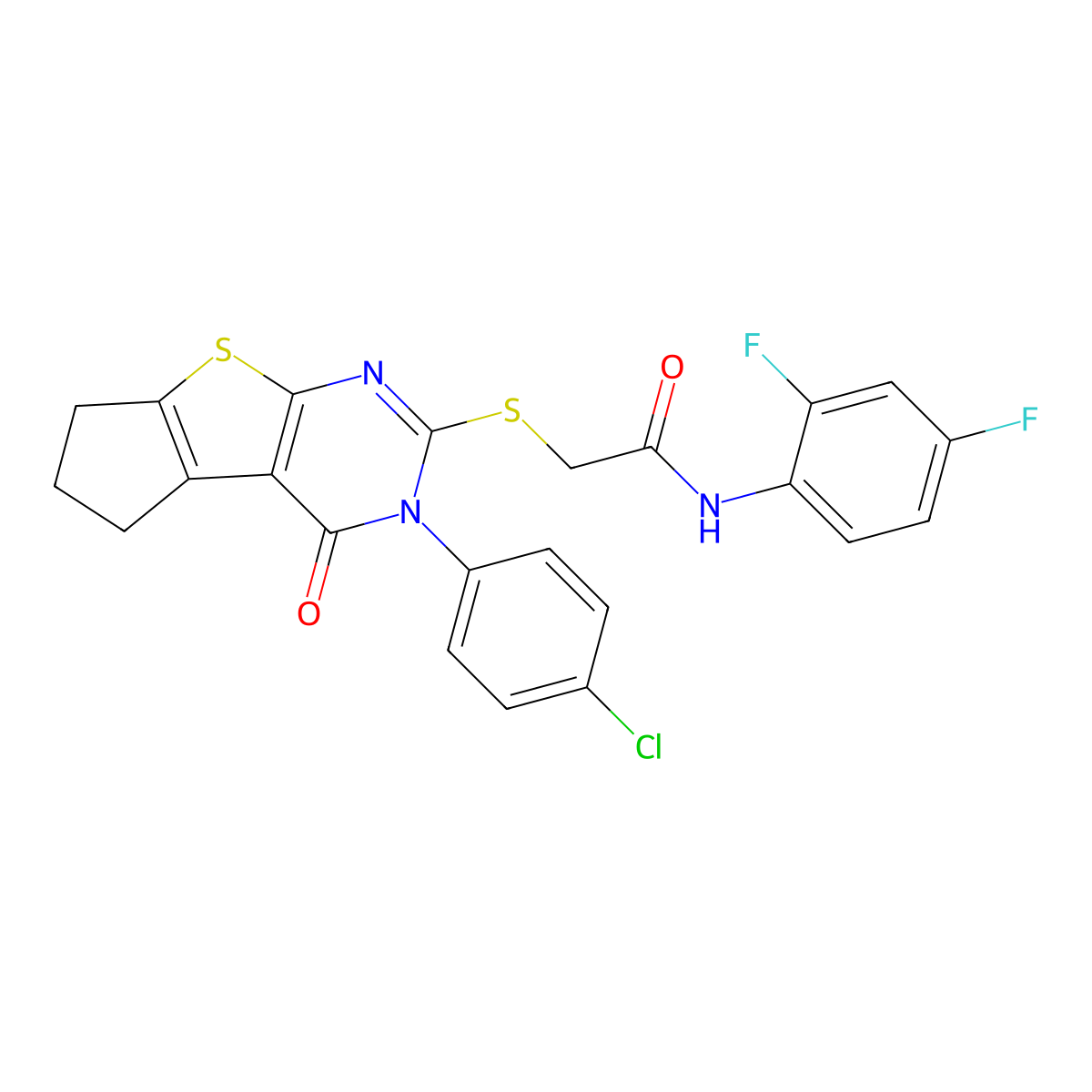 2-{[3-(4-Chlorophenyl)-4-oxo-3,5,6,7-tetrahydro-4H-cyclopenta[4,5]thieno [2,3-D]pyrimidin-2-YL]sulfanyl}-N-(2,4-difluorophenyl)acetamide molecular structure, CAS 578700-23-9