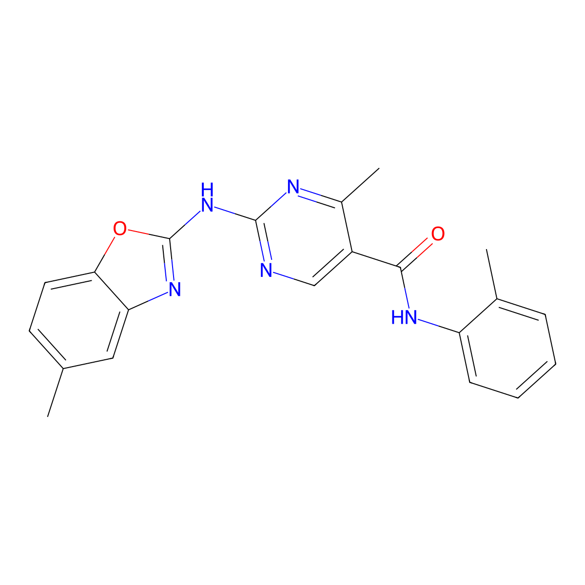 4-methyl-2-[(5-methyl-1,3-benzoxazol-2-yl)amino]-N-(2-methylphenyl)pyrimidine-5-carboxamide molecular structure, CAS 578700-25-1